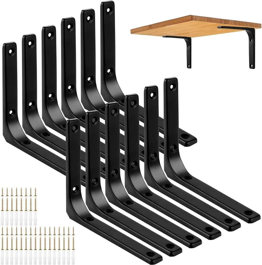 12 stuks plankhouders zwart 150 x 125 mm metalen hoek 90 graden hoek rek met schroeven plankdrager voor wandhouder hoekrek houten meubels stevige ondersteuning