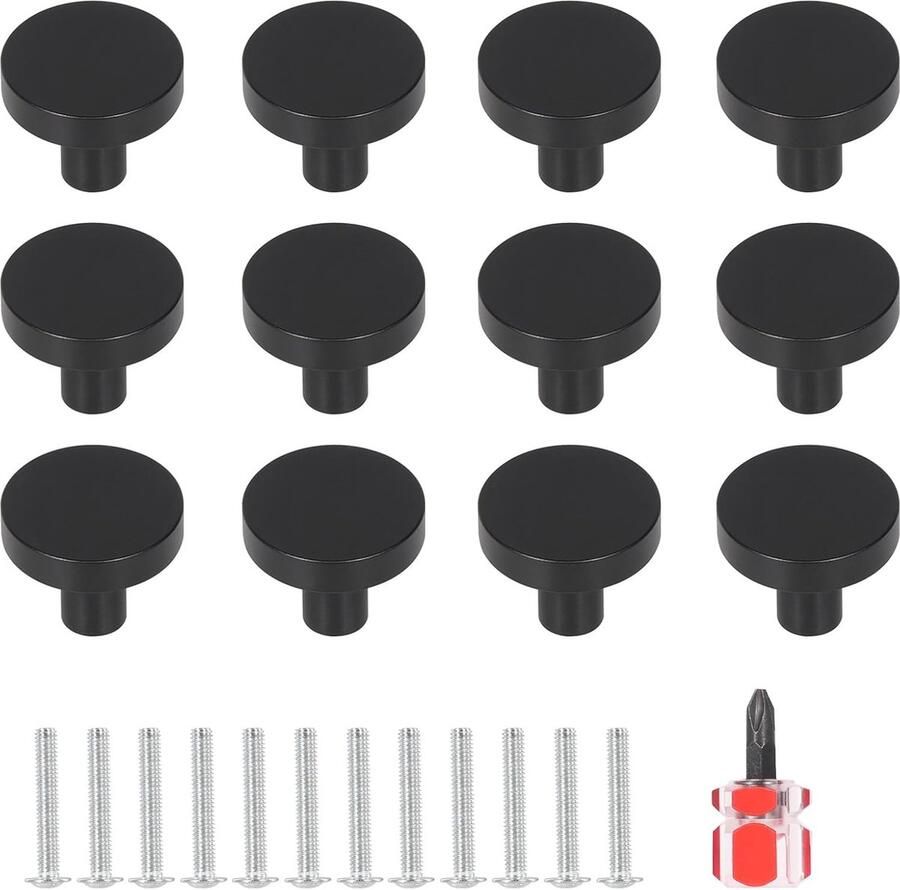 12 Stuks Ronde Kastknoppen en Ladeknoppen Zwart Mat Geborsteld met Schroeven voor Snelle Installatie