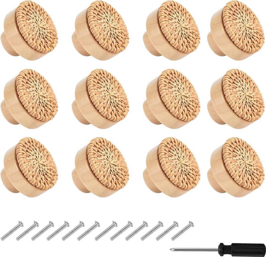 12 stuks rotan meubelknoppen kastknoppen met schroeven en schroevendraaier ladeknoppen rotan kasten hout voor commodeknoppen kast laden woonkamer 1 57 inch