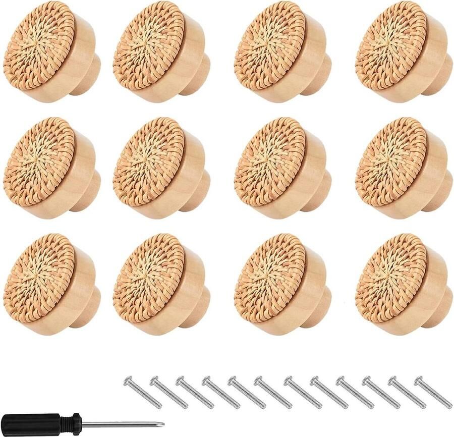 12 stuks rotan meubelknoppen kastknoppen met schroeven en schroevendraaier ladeknoppen voor kasten houten ladeknoppen woonkamer 39 cm kastknoppen kinderkamer