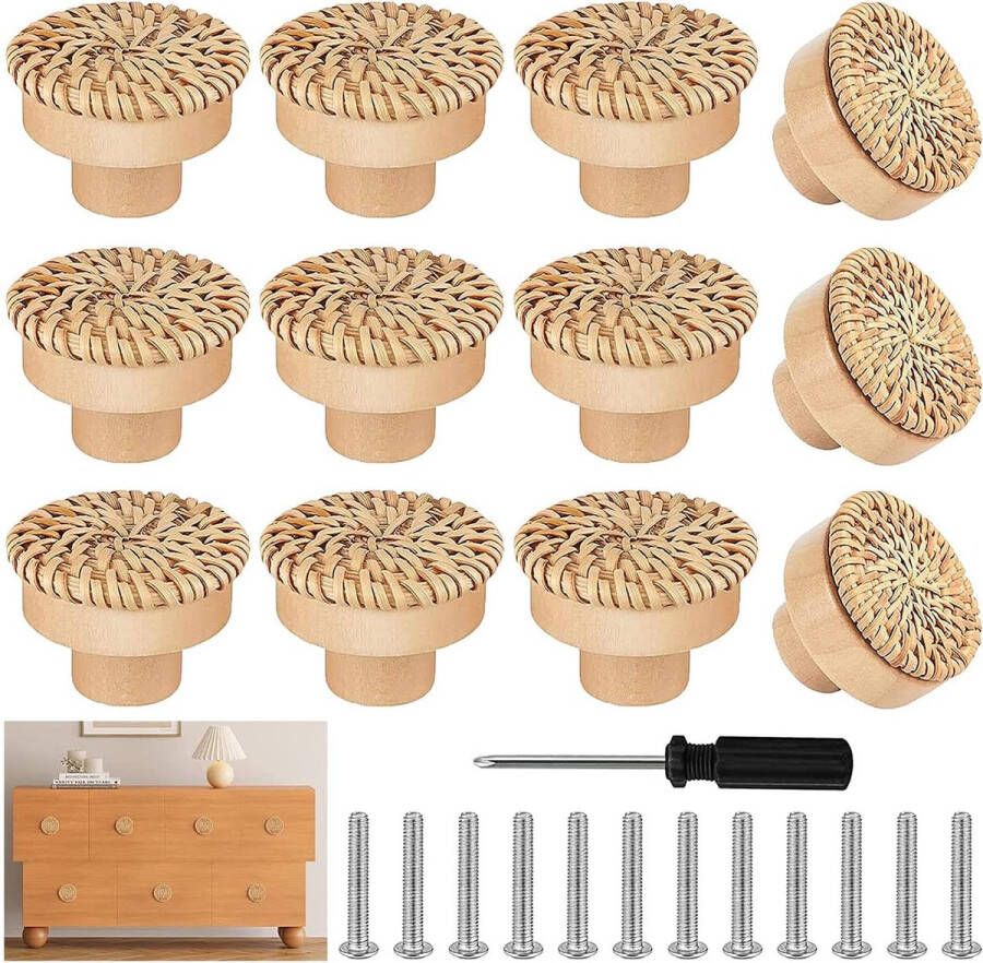 12 stuks rotan meubelknoppen kastknoppen met schroeven schroevendraaier kasten houten dressoirknoppen ladeknoppen voor kastladen woonkamer keuken 40 mm