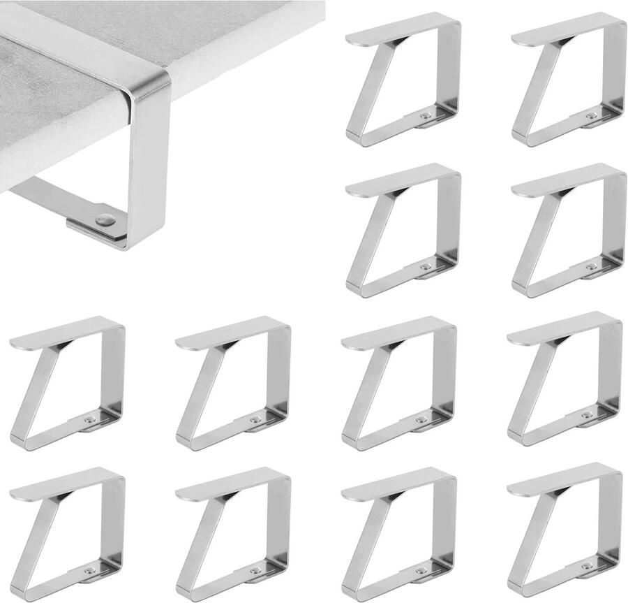 12-stuks Tafelkleedklemmen van roestvrij staal Flexibele en verplaatsbare tafelkleedklemmen Tafelkleedbevestiging Winddichte tafelkleedklemmen Geschikt voor tafelkleden op tuintafels restauranttafels en familietafels Zilver