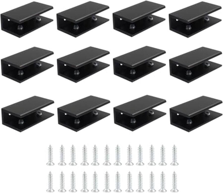12 Stuks Vierkante Glazen Klem Clips Aluminium Klemmen voor 10-12 mm Dik Glas Zwart