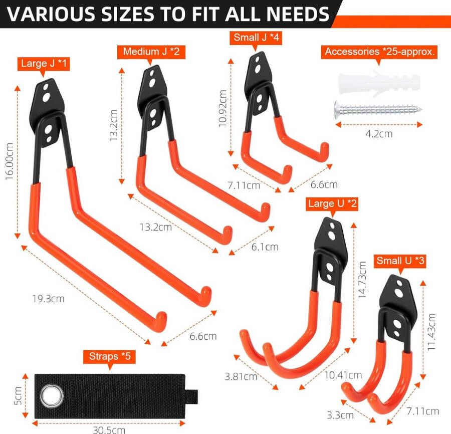 12 stuks wandhaken garage garagehaken dubbele haken garage opberghaken voor het organiseren van ladders stoel slang fietsen elektrisch gereedschap omvangrijk (oranje)