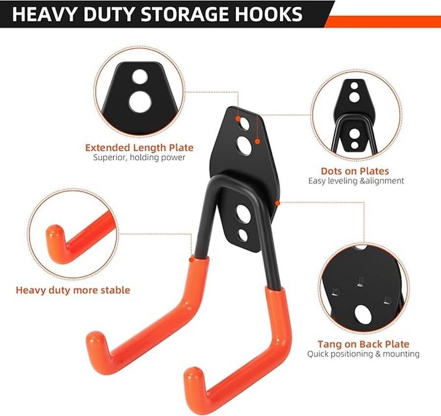 12 stuks wandhaken garage garagehaken dubbele haken garage opberghaken voor het organiseren van ladders stoel slang fietsen elektrisch gereedschap omvangrijk (oranje)