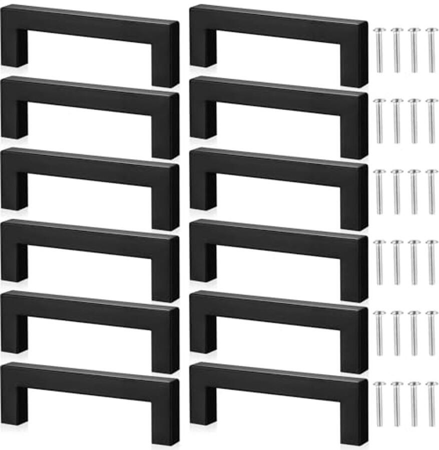 12 Stuks Zwarte Keukengrepen 96mm Hartafstand Elegante RVS Ladegrepen voor Meubels