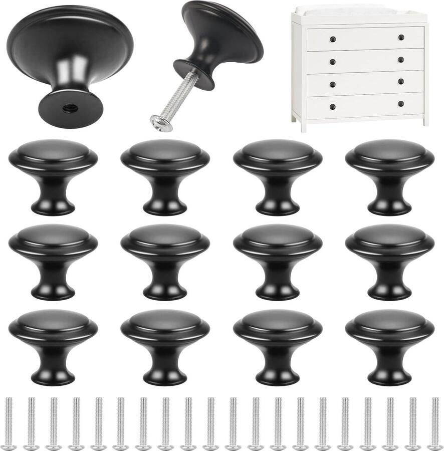 12 stuks zwarte meubelknoppen 30 mm – Ronde ladeknoppen voor kast en lade – Roestvrij staal met schroeven