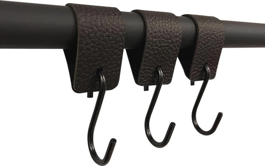 12 Stuks Zwarte S Haken met Lederen Lus Decoratieve Kapstokhaken voor Elke Ruimte