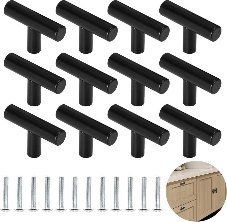 12 Stuks Zwarte T Bar Lade Knoppen Meubelknoppen 46mm Enkel Gat Kabinet Knoppen voor Kast- en Garderobemeubelbeslag