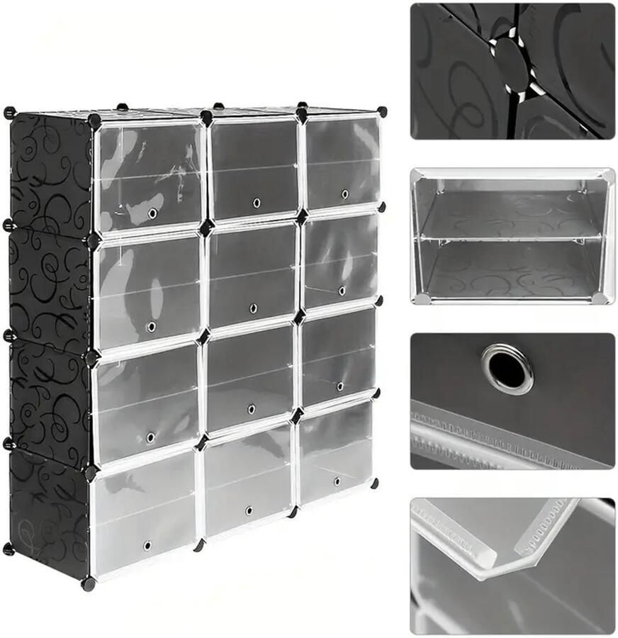 12-Vaks Modulaire Schoenenkast met Deuren – Vrijstaande Kunststof Schoenenopberger – 120x30x120cm – Duurzaam Ruimtebesparend & Modern Design – Inclusief Houten Hamer