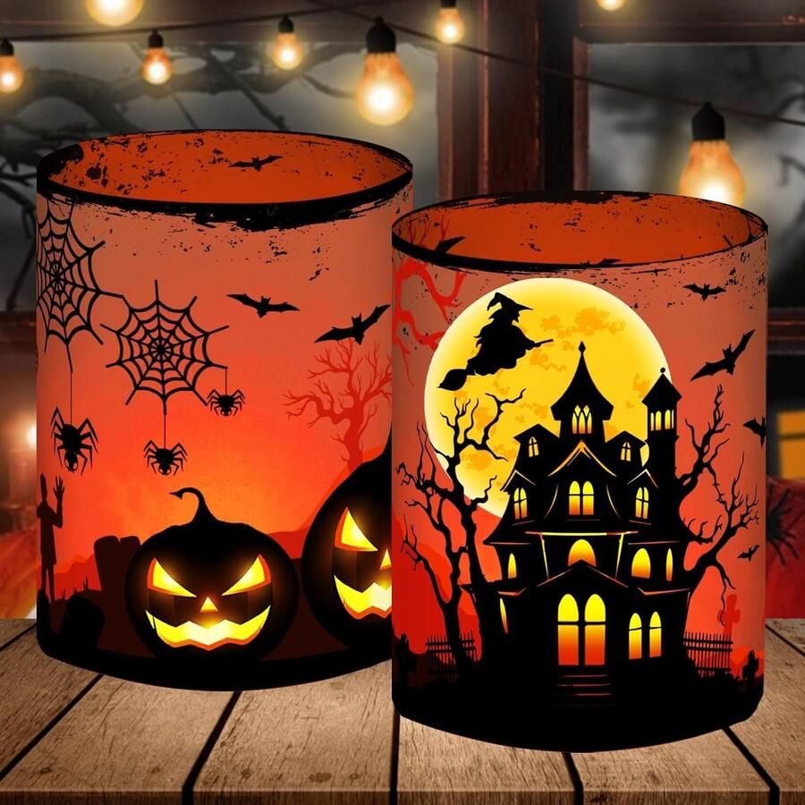 12 windlichten tafeldecoratie Halloween decoratie tafel pompoen vleermuis heks spinnenweb grafstenen Halloween-decoratie binnen griezelige Halloween-decoratie kinderen verjaardagsfeestset voor