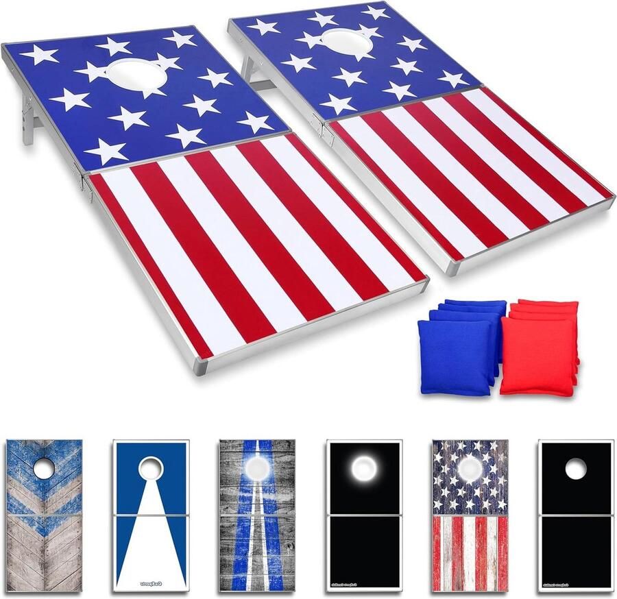 12 x 06 m Regelmaat Aluminium Cornhole Game Sets LED-verlichting of Standaard Set van 2 opvouwbare borden 8 zitzakken en regels