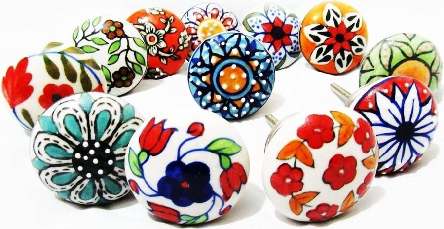 12 x Mix Vintage Look Bloem Keramische Knoppen Deurgreep Kast Lade Kast Pull