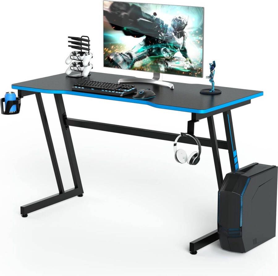 120 cm gaming-tafel Z-vormig computertafel met bekerhouder hoofdtelefoonhaak gamepad-houder ergonomisch bureau werktafel kantoor pc-tafel (zwart-blauw)