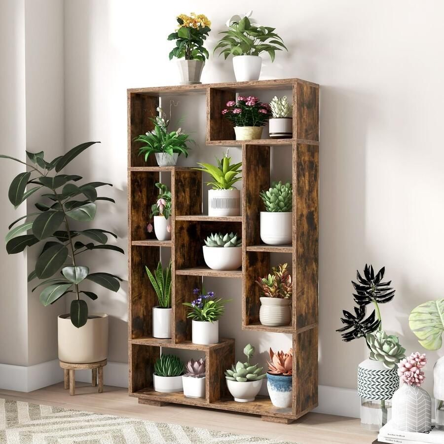 120 cm Moderne Geometrische Boekenkast met Open Planken – Vrijstaande Opbergplank – Anti-Kantelsets – Koffie