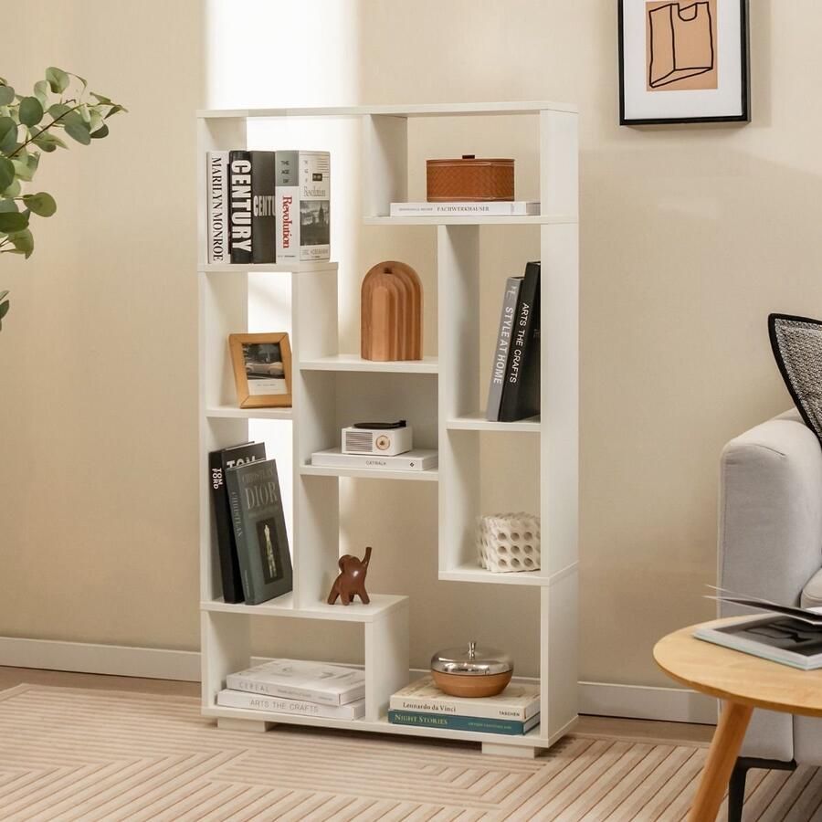 120 cm Moderne Geometrische Boekenkast met Open Planken – Vrijstaande Opbergplank – Anti-Kantelsets – Wit