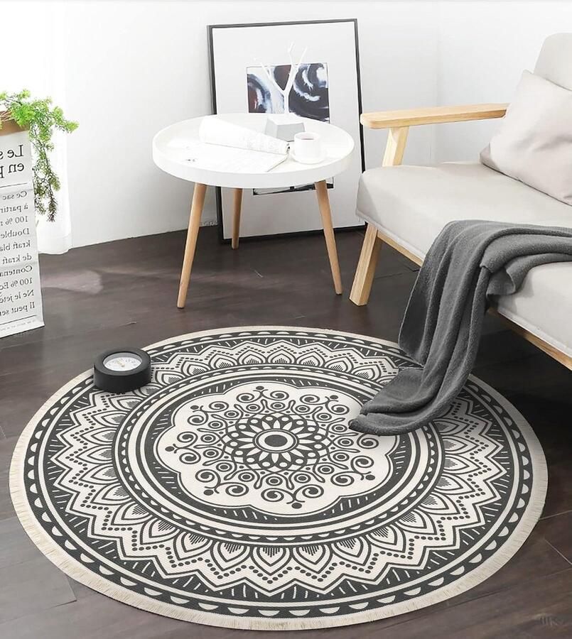 120 cm rond katoenen tapijt met kwastjes wasbaar mandala bedrukt modern slaapkamer woonkamer keuken