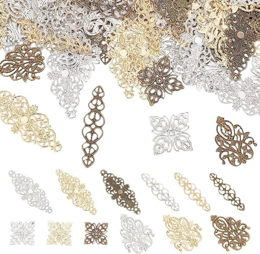 120 stuks antieke filigraan verbindingsbedels 4 stijlen veelkleurig bloemblad hart messing ijzeren hangers filigraan metalen versieringen voor doe-het-zelf haarspeld hoofddeksels oorbel
