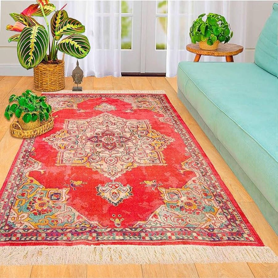 120 x 180 cm Marokkaans modern rood roze vintage karpet met franjes digitale print katoen bohemien tapijt decoratief accent voor u woonkamer slaapkamer