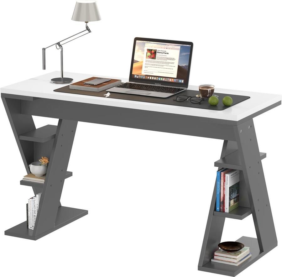 120 x 50 x 74 cm Eenvoudig bureau met X-beugel Zes opbergplanken Grijs en wit design Stijlvol en stevig Grijs + wit