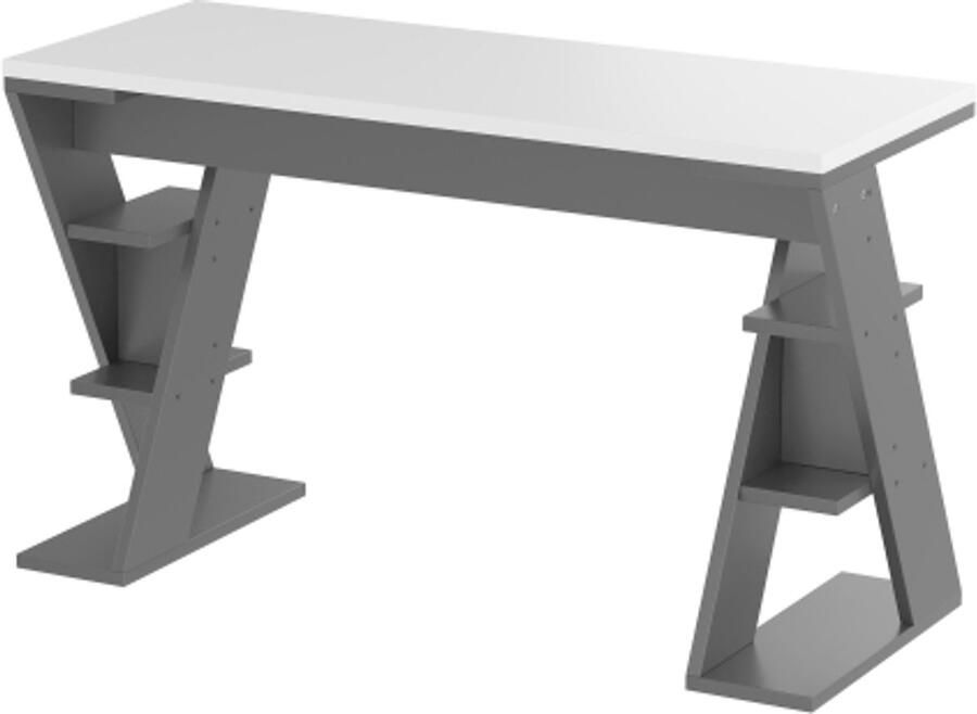 120 x 50 x 74 cm eenvoudig bureau met X-vormige beugel opbergplank met zes posities kleurgecoördineerd ontwerp in grijs en wit