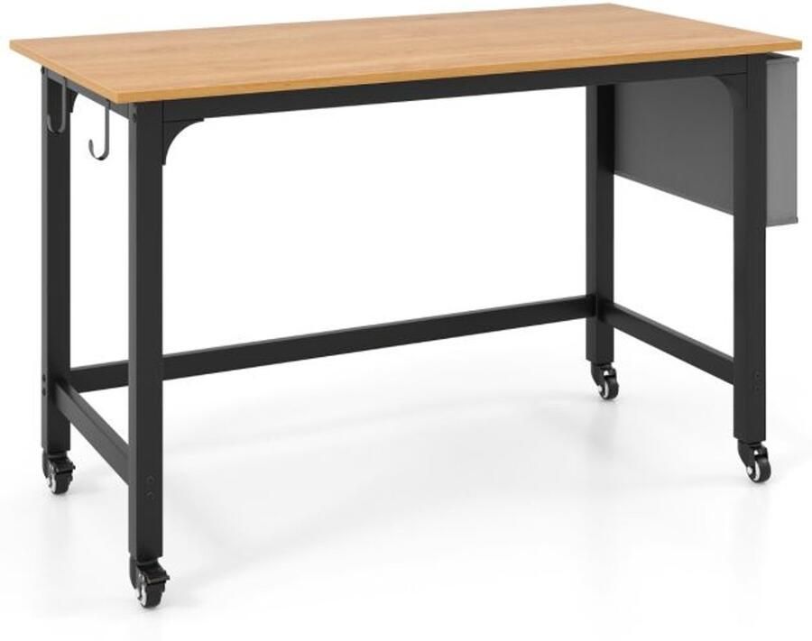 120cm Rollend Computerbureau Mobiel Bureau met Metalen Frame in Bruin Zwart Natuurlijk