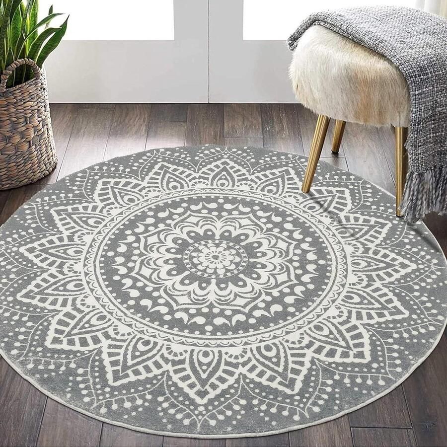 120cm Rond Tapijt Shaggy Ultra Soft Touch Wasbaar Antislip-Donkergrijs