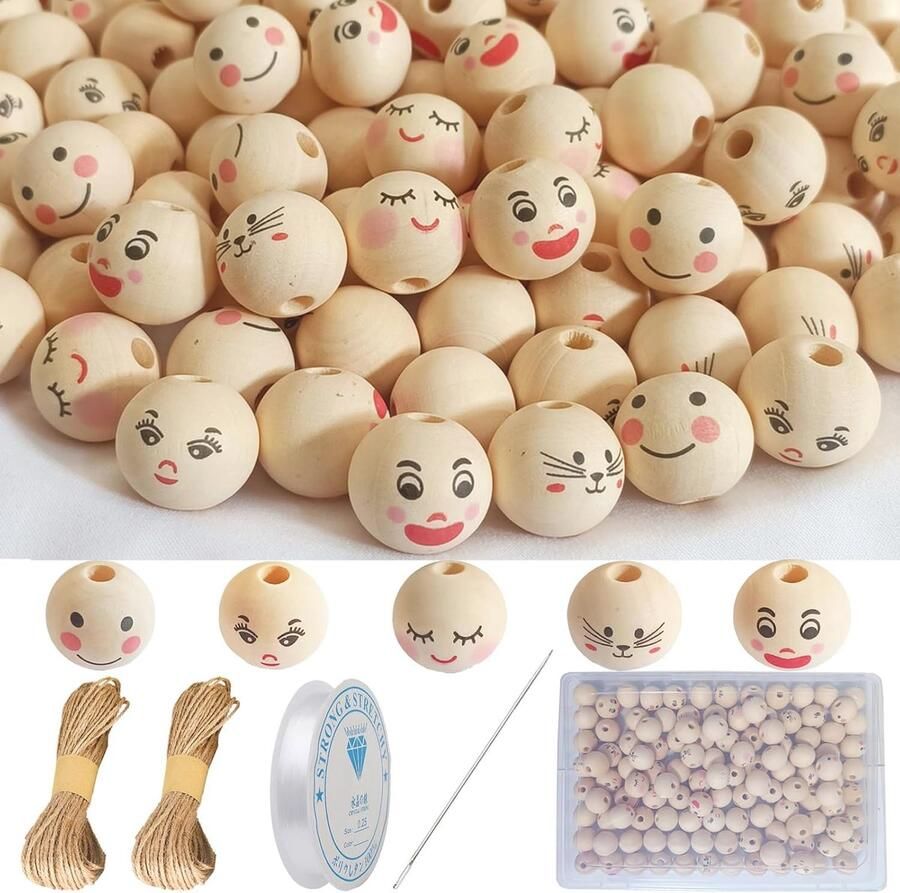 120PCS Ronde Houten Kralen met Glimlach Gezicht voor DIY Sieraden en Knutselen