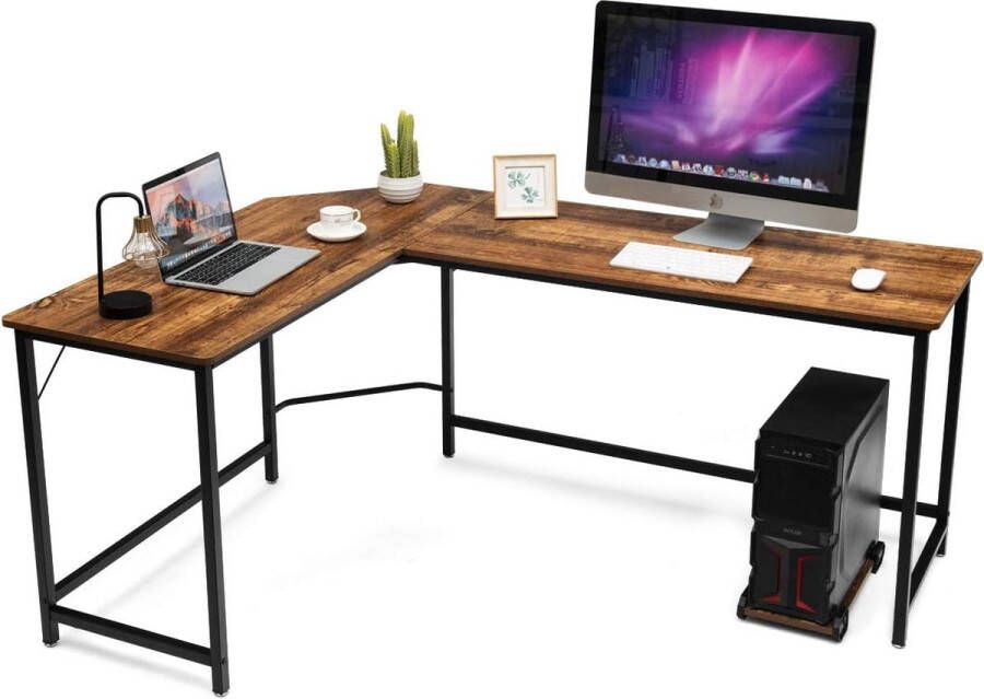 125 x 168cm L-vormige Hoekbureau computertafel met CPU-standaard PC-laptop-studietafel met weinig werkruimte werkstation Kantoor houten bureau met verstelbare voetzolen perfect voor kantoor slaapkamer of speelkamer (Rustiek bruin)