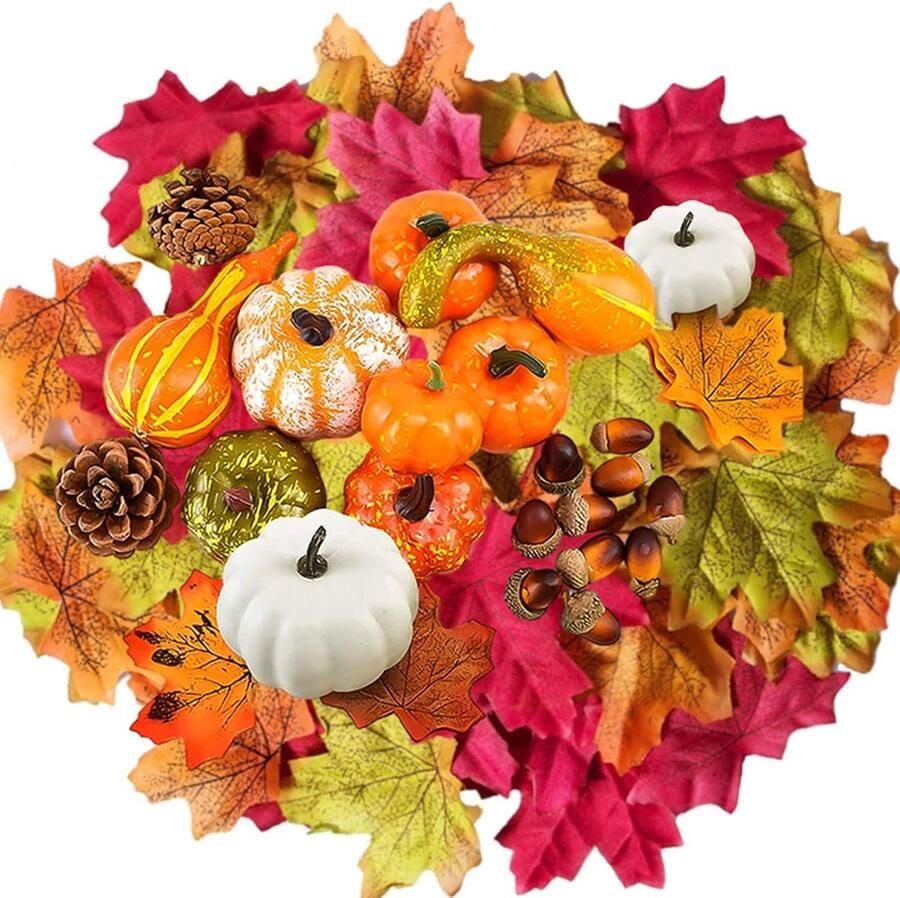 126 stuks Thanksgiving decoraties kunstmatige pompoenen set met kunstmatige esdoorn bladeren dennenappels kalebassen oogst pompoen kleine eikels voor herfst bruiloft home tafel decoratie Halloween party decor