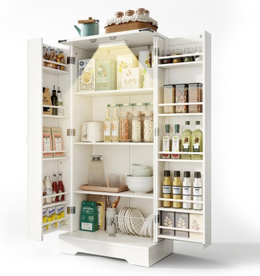 Merlooks 128 5 cm grote keukenkast boeren opbergkast LED eetkast met 2 draaideuren en verstelbare planken voor kleine ruimtes in de eetkamer of woonkamer witte diepdruk structuur