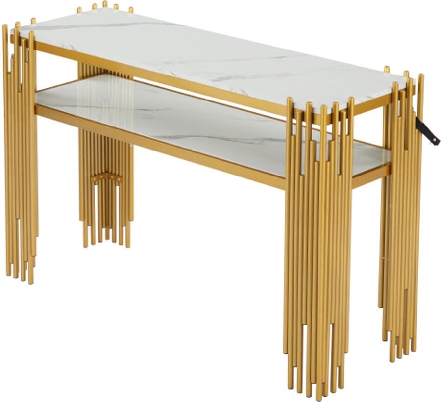 128 x 44 x 80 cm Mid-Century Modern Woonkamer Bijzettafel Consoletafel Body met Gouden Poten Dubbellaags MDF Draagvermogen tot 40 kg Wit