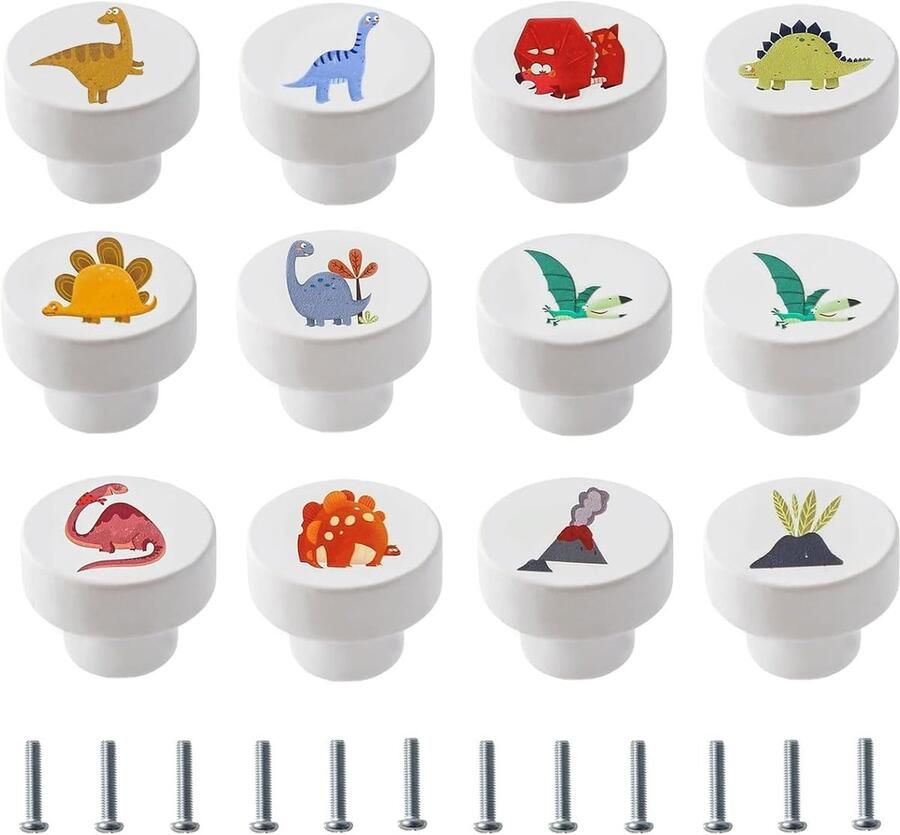 12pcs Houten Kastknoppen voor Kinderkamer 35mm Ronde Dinosaurussen Meubels Knoppen met Schroeven Dinosaurussen Patroon Knoppen voor Kasten Houten Handgrepen voor Kasten Witte Deurklinken voor Kinderen