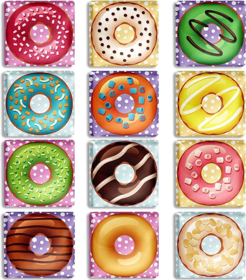 12Pcs Leuke Vierkante Glas Sterke Magnetische Koelkast Magneet Decoratieve Koelkast Sticker Cartoon Geglazuurde Zoete Donut Geïsoleerde Dessert Smakelijke Illustratie voor Kast