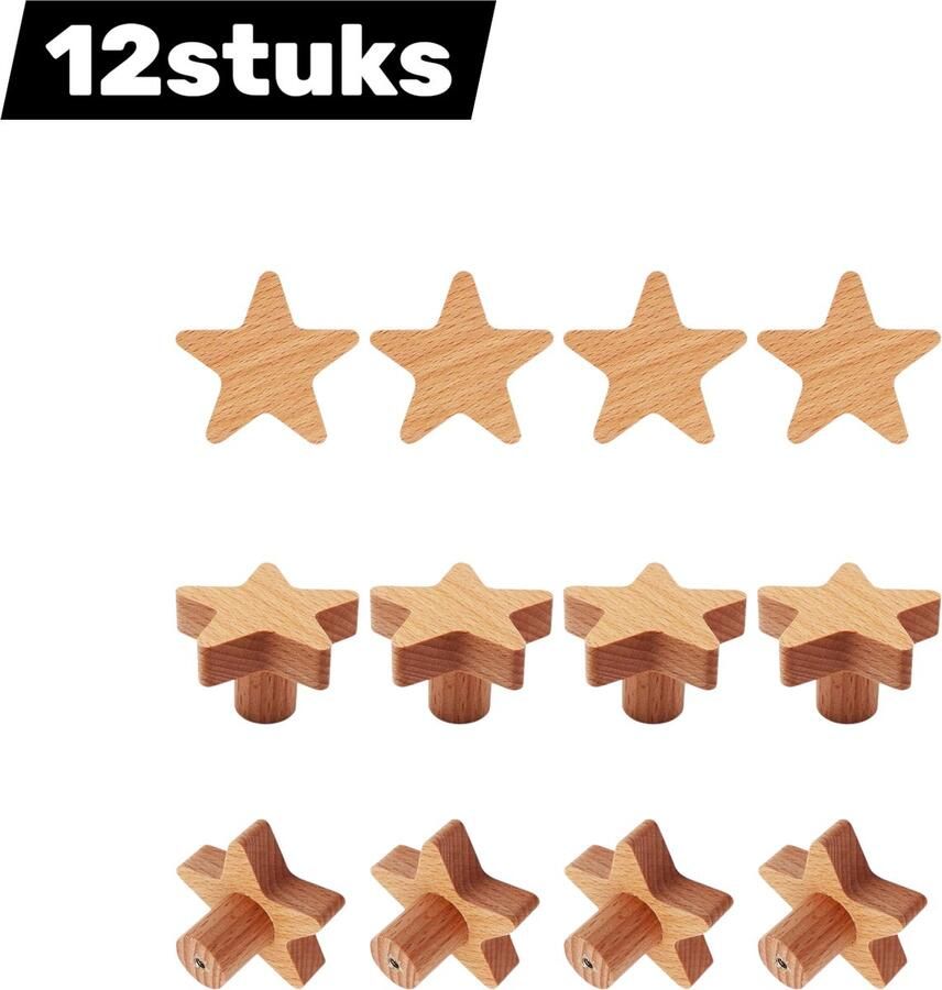 12stuks deurklink hendel Kastgreep Stervorm Hout Geschikt voor kinderkamer commode bosdieren knutselen Houten handgreep Meubelgreep kast deur Houtkleur