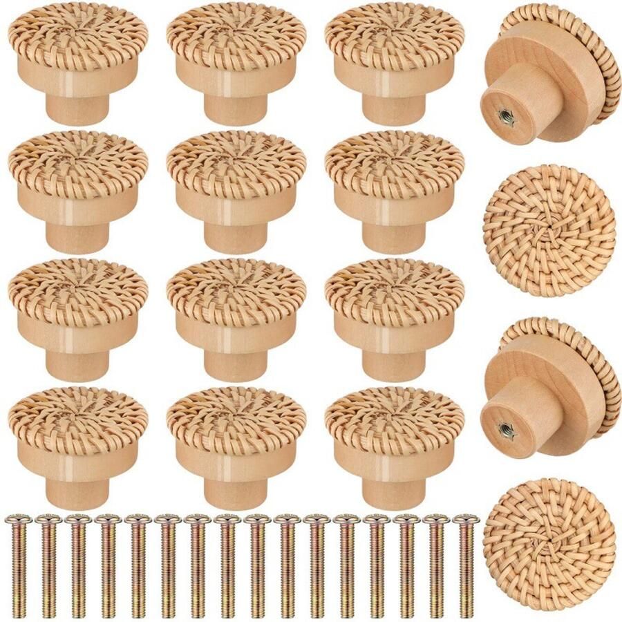 12stuks Rotan meubelknoppen kasten meubelknoppen Kastknoppen Hout decoratieve ladeknoppen houten meubelknoppen set Decoratieve Knoppen houten handgrepen voor keukenkasten laden woonkamer