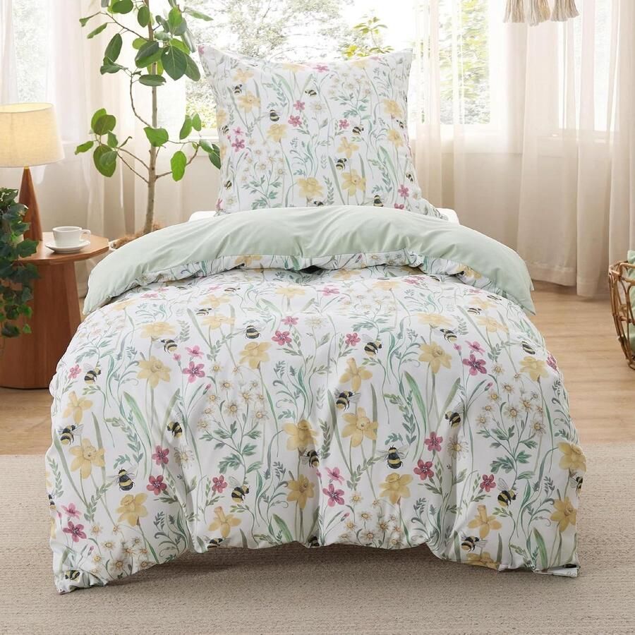 135 x 200 cm 2-delig dekbedovertrek beddengoedsets met kussensloop 80 x 80 cm Öko-Tex groen bloemen plantpatroon voor eenpersoonsbed