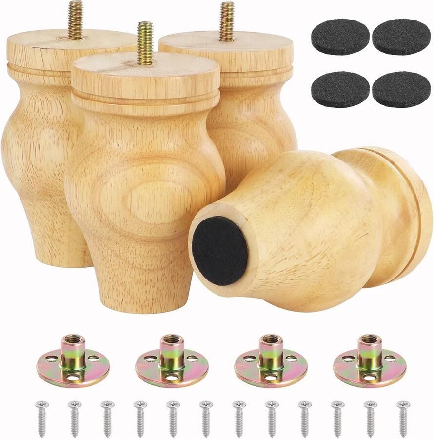 13.5cm Solid Wood Furniture Legs Set of 4 Solid Tapered Wood Bench Legs Solid Wood Furniture Replacement Legs with Mounting Plates Screws and Non-Slip Mats for Table Chair Sofa Cabinet