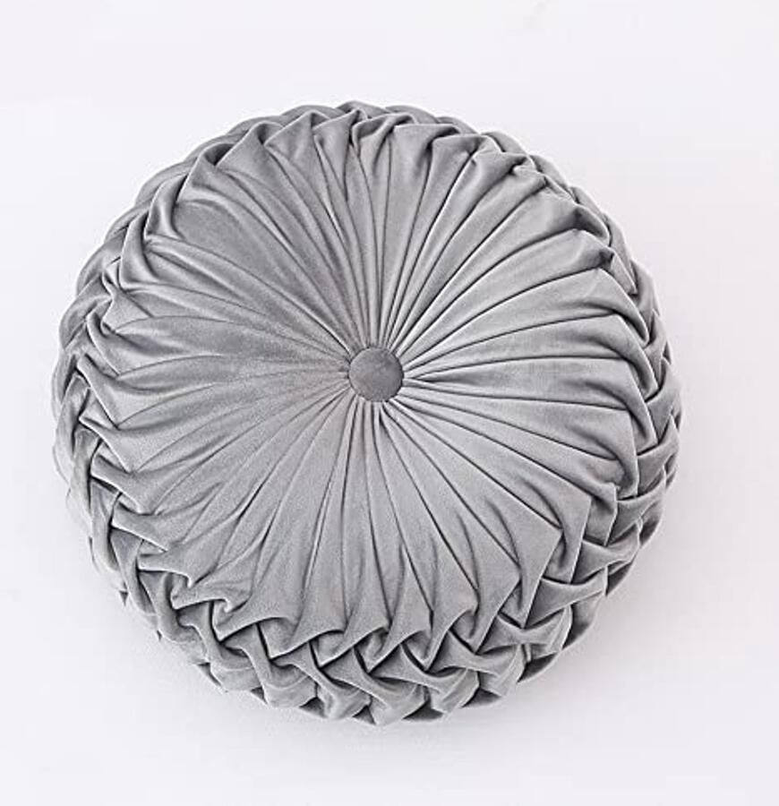 13.7 inch Round Bench Cushion Pure Color Velvet Home Decor Pleated Round Pillow Pumpkin Pillow Suitable for Home Bed Car Decoration (Grey)