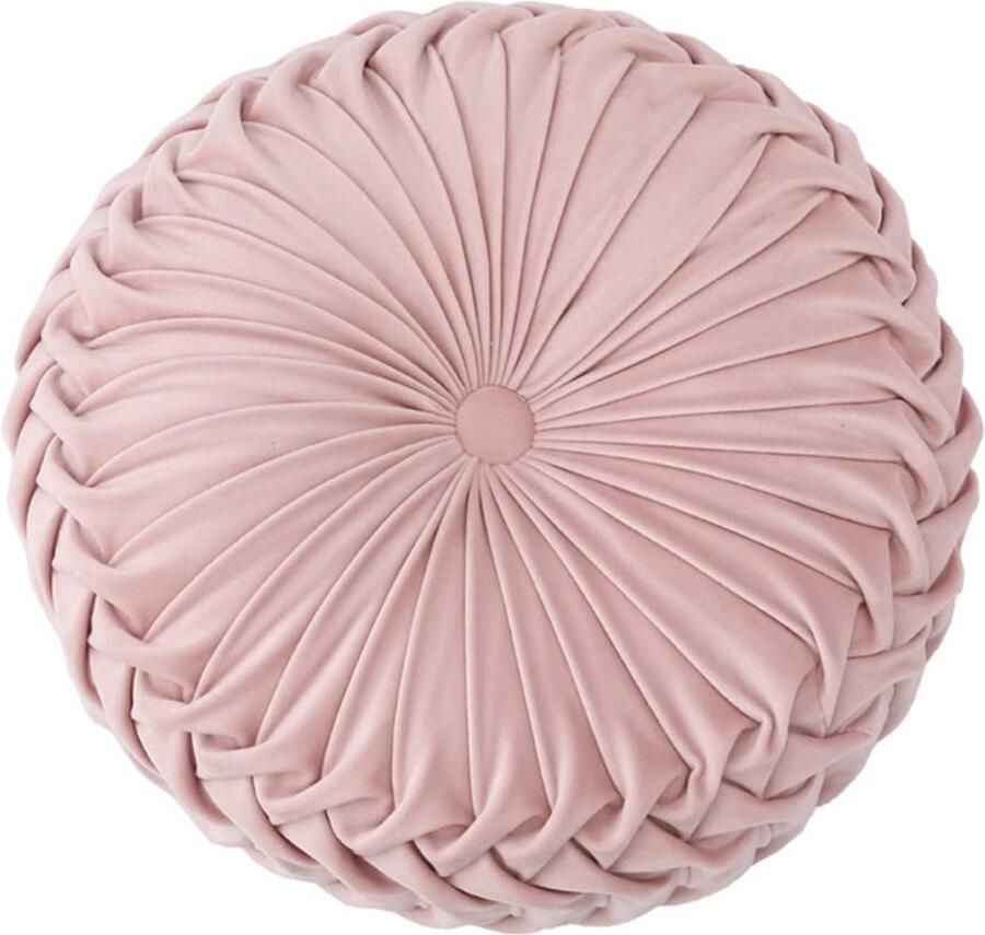 13.7 Round Sofa Cushion Pure color velvet home decor pleated round pillow pumpkin pillow Suitable for home bed car decoration (pink)