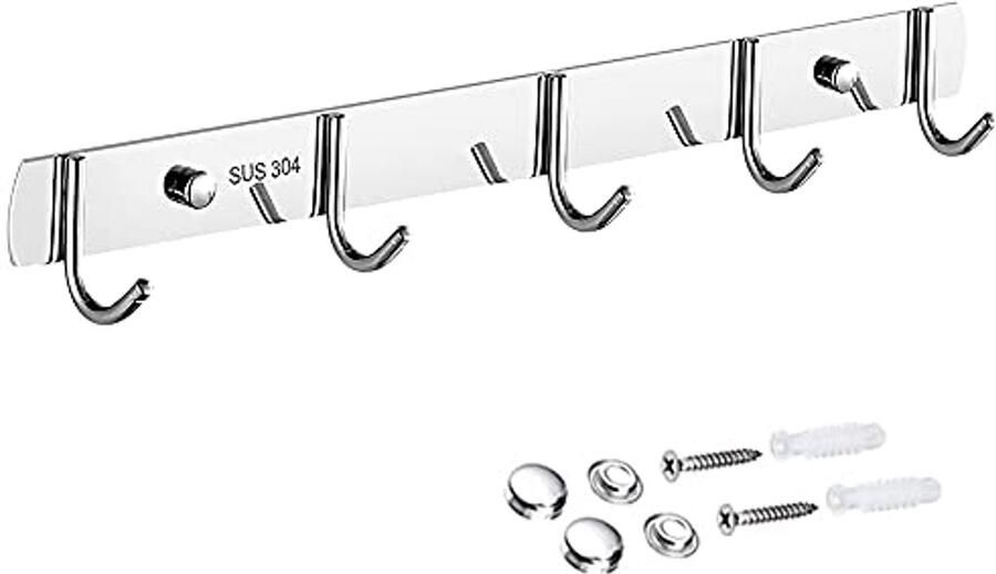 14 inch roestvrijstalen kleerhanger met 5 haken Wandmontage kledingrek voor jassen hoeden en accessoires