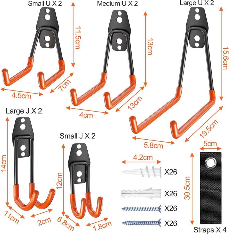 14 stuks wandhaken garage oranje zware belasting dubbele haken wandhaken met schroeven apparaathaken multisize voor het organiseren van ladder stoel slang fietsen elektrisch