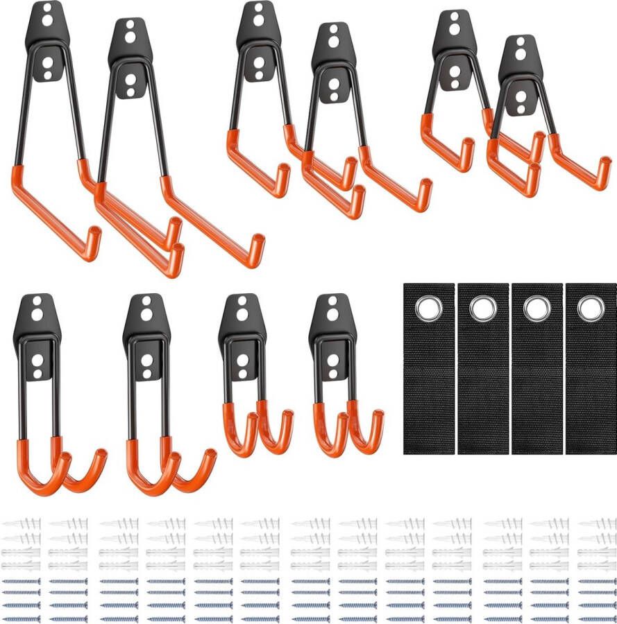 14 stuks wandhaken garage oranje zware belasting dubbele haken wandhaken met schroeven apparaathaken multisize voor het organiseren van ladder stoel slang fietsen elektrisch