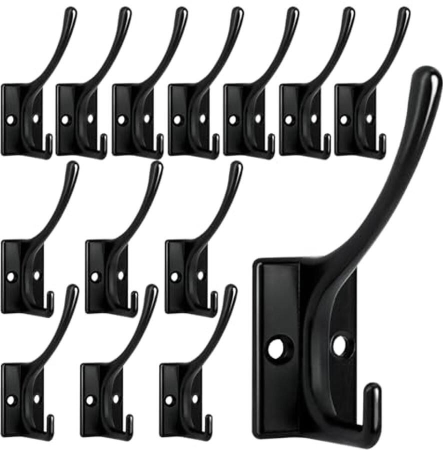 14 Stuks Zware Kapstokhaken Wandmontage met Schroeven Roestvrij met Dubbele Haken Zwarte Haken voor Handdoeken Jassen Sjaals Tassen Hoeden Bekers en Sleutels