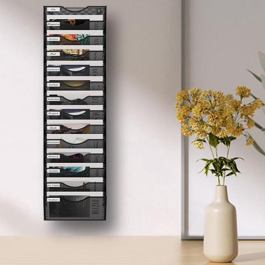 14 vakken krantenhouder wand mesh brochurehouder wand wandkrantenrek met label hangende organizer voor kantoor wandorganizer home magazine wandhouder zwart