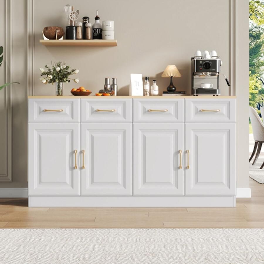 140 cm dressoir buffetkast met opbergruimte koffiebarkast met 4 lades en 4 barndoors lange opbergkast in moderne landelijke stijl wit hout voor keuken eetkamer woonkamer
