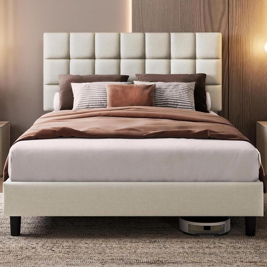 Gestoffeerd bed tweepersoonsbed met in hoogte verstelbaar hoofdeinde stabiel bedframe stoffen bed met lattenbodem gestoffeerd bedframe 140 x 200 cm beige