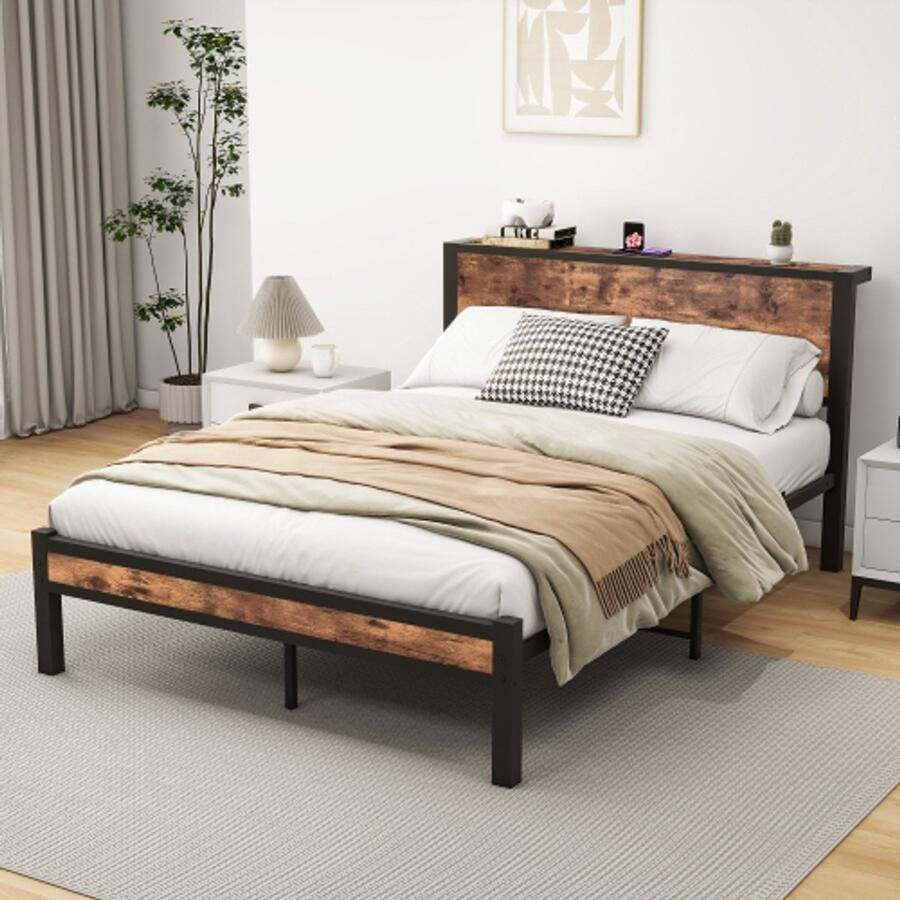 140 x 200 cm metalen frame met opbergbaar hoofdbord eenpersoons metalen platformbedframe geruisloos metalen onderstel geen boxspring nodig vintage bruin