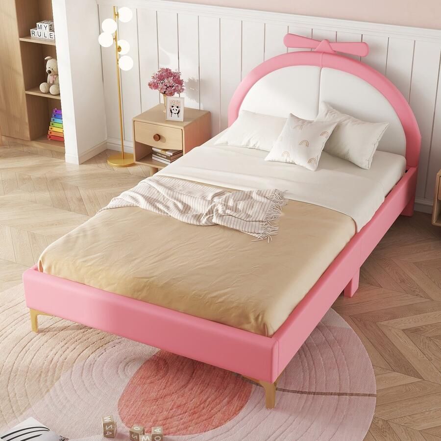 140 x 200 cm plat bed gestoffeerd bed comfortabele hoofdeindebekleding stijlvol en eenvoudig roze zonder matras