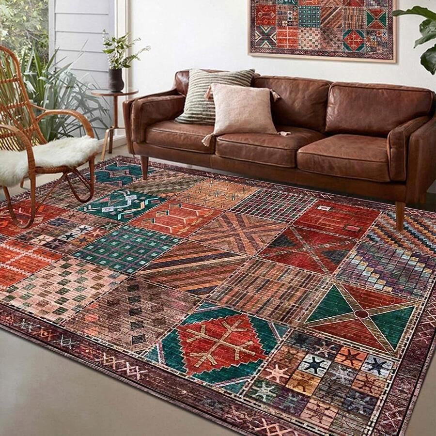 Zacht laagpolig veelkleurig patchwork vintage design vloerkleed 120 x 160 cm voor woonkamer-eetkamer-slaapkamer-keuken